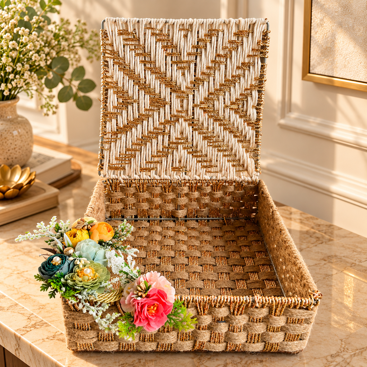 Handwoven Jute & Gold Decorative Storage Box with Lid