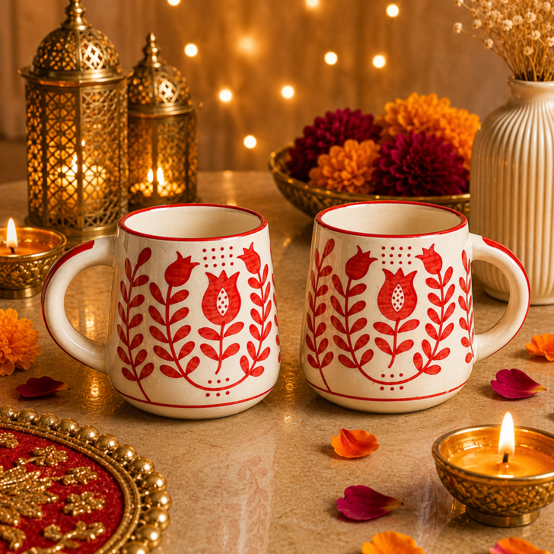 Ruby Heart Red Ceramic Mug Set of 2 – Festive Diwali Gift