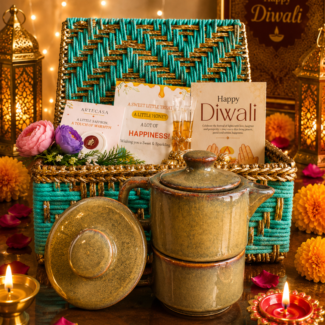 Green Chai & Diya Diwali Gift Basket – Festive Tea & Candle Hamper