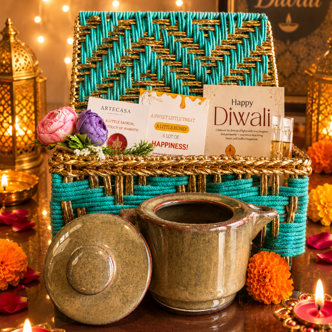 Green Chai & Diya Diwali Gift Basket – Festive Tea & Candle Hamper