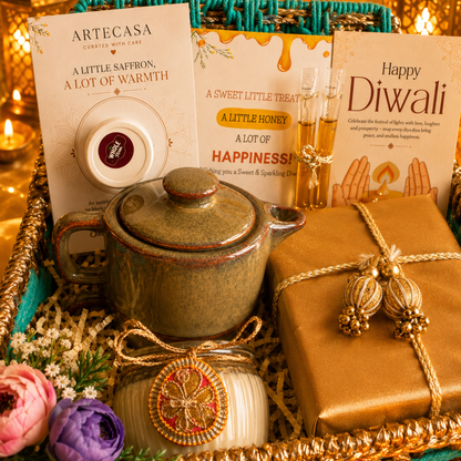 Green Chai & Diya Diwali Gift Basket – Festive Tea & Candle Hamper