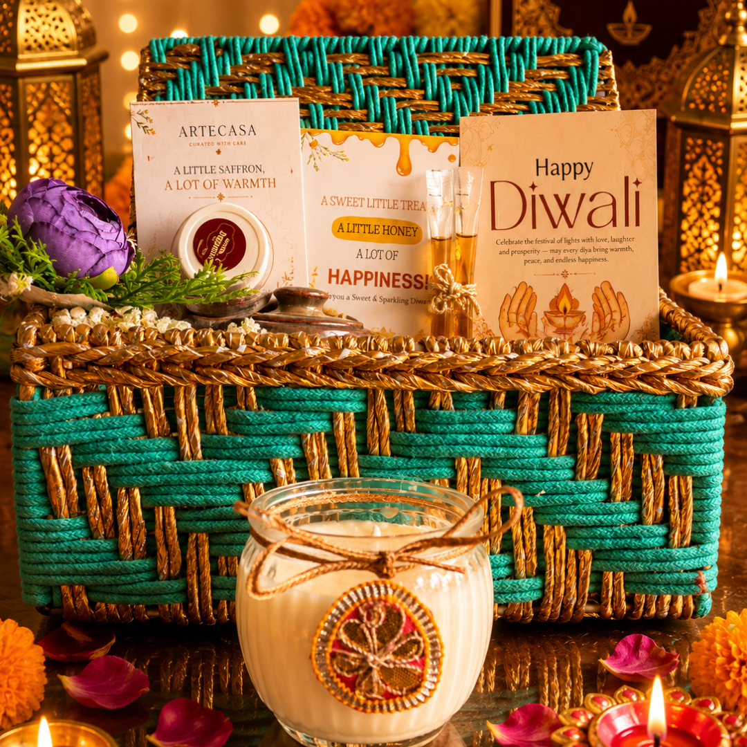 Green Chai & Diya Diwali Gift Basket – Festive Tea & Candle Hamper